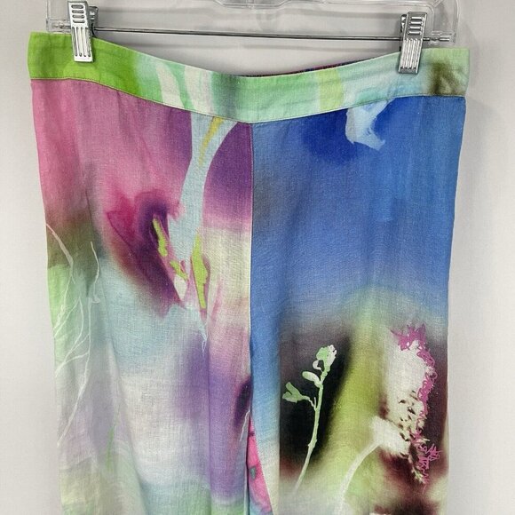 120% Lino Linen Floral Wide-Leg Pull-On Pants Size 44 / US M Summer Resort Beach - Picture 2 of 15